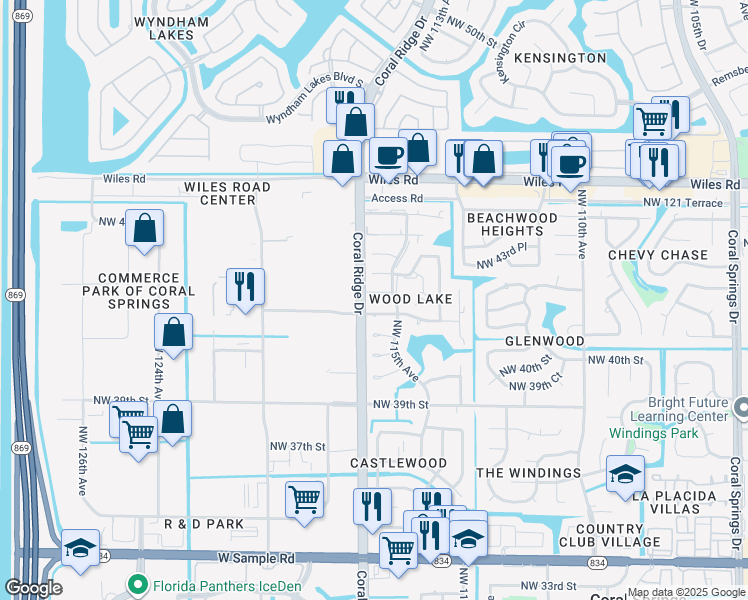 map of restaurants, bars, coffee shops, grocery stores, and more near 11506 Northwest 42nd Street in Coral Springs