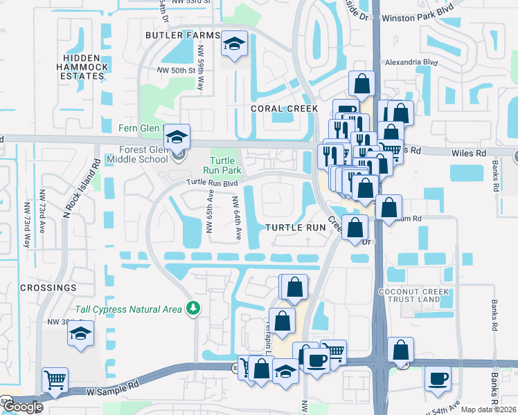 map of restaurants, bars, coffee shops, grocery stores, and more near 4300 Northwest 63rd Avenue in Coral Springs