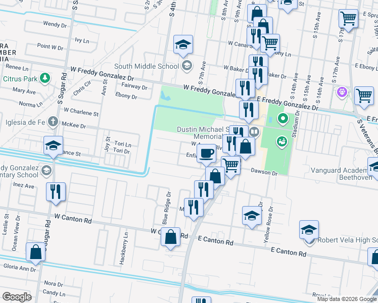 map of restaurants, bars, coffee shops, grocery stores, and more near 225 West Enfield Road in Edinburg