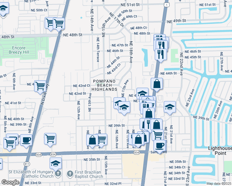 map of restaurants, bars, coffee shops, grocery stores, and more near 1581 Northeast 42nd Street in Pompano Beach
