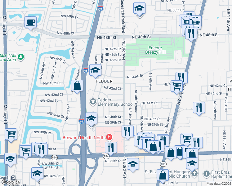 map of restaurants, bars, coffee shops, grocery stores, and more near 248 Northeast 42nd Court in Pompano Beach