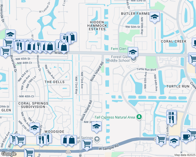 map of restaurants, bars, coffee shops, grocery stores, and more near 7014 Northwest 43rd Street in Coral Springs