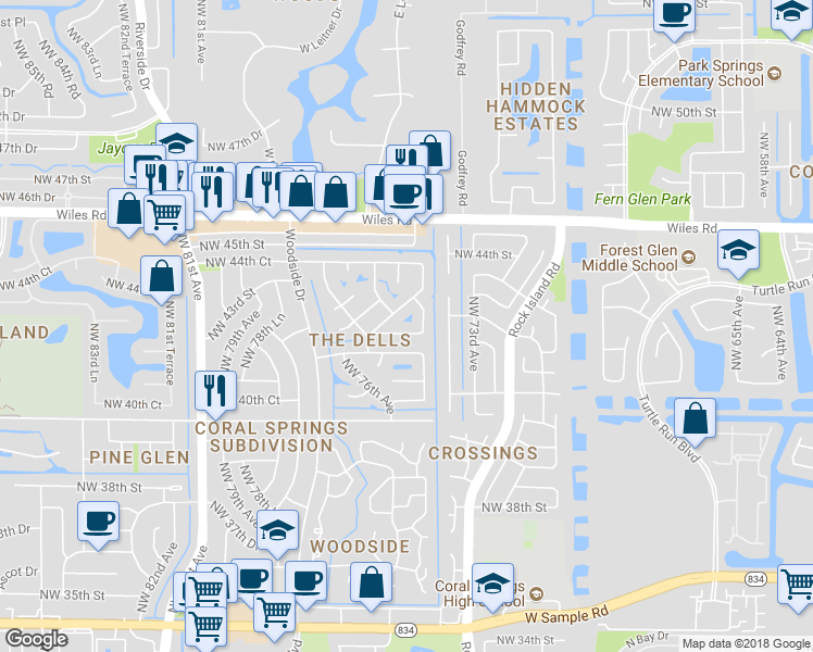 map of restaurants, bars, coffee shops, grocery stores, and more near 7515 Northwest 42nd Drive in Coral Springs