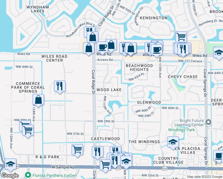 map of restaurants, bars, coffee shops, grocery stores, and more near 11460 Northwest 43rd Street in Coral Springs