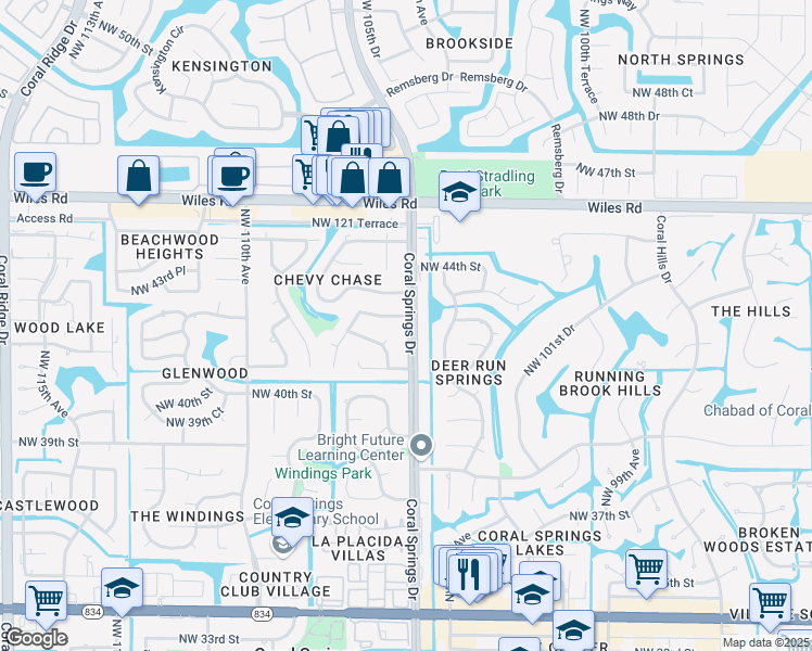 map of restaurants, bars, coffee shops, grocery stores, and more near 4252 Coral Springs Drive in Coral Springs