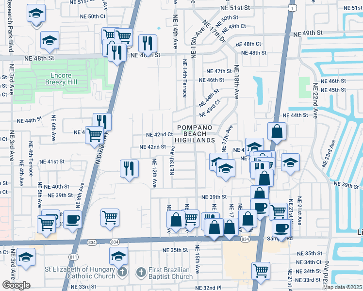 map of restaurants, bars, coffee shops, grocery stores, and more near 1320 Northeast 42nd Street in Pompano Beach