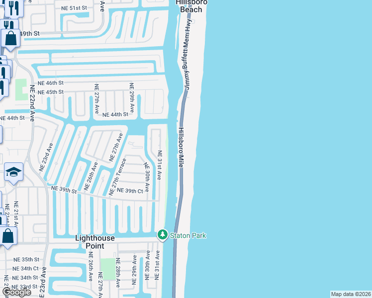 map of restaurants, bars, coffee shops, grocery stores, and more near 1075 Hillsboro Mile in Hillsboro Beach