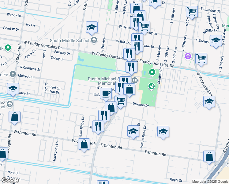 map of restaurants, bars, coffee shops, grocery stores, and more near 128 West Austin Boulevard in Edinburg