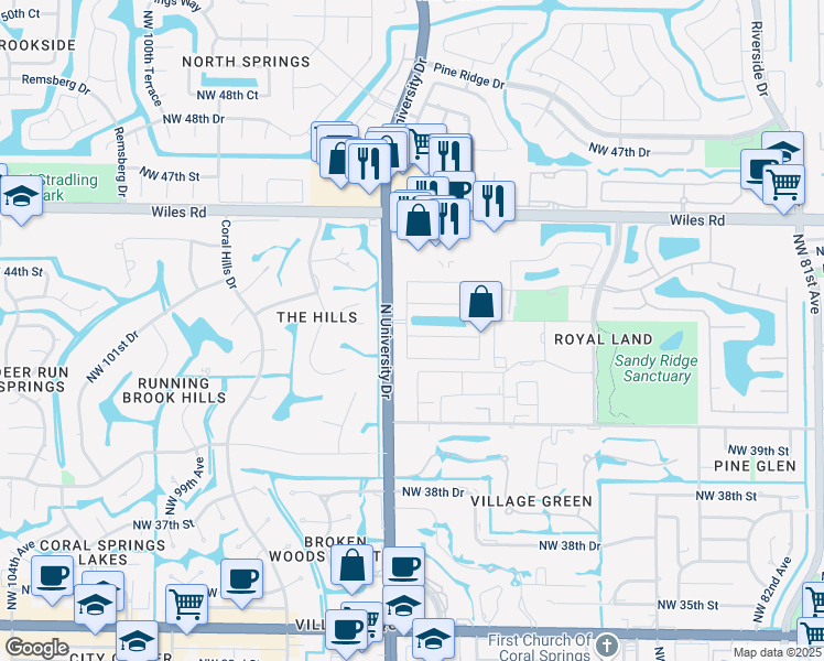 map of restaurants, bars, coffee shops, grocery stores, and more near 4511 North University Drive in Coral Springs