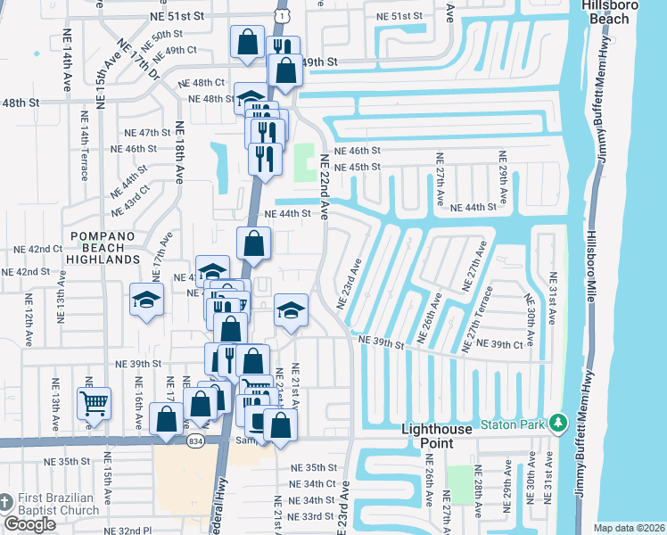 map of restaurants, bars, coffee shops, grocery stores, and more near 4200 Northeast 22nd Avenue in Lighthouse Point