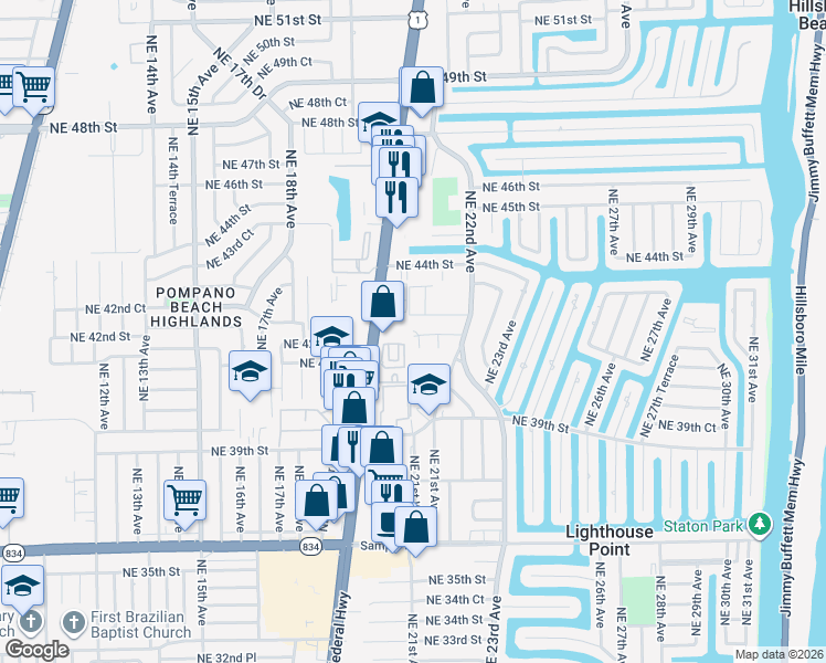 map of restaurants, bars, coffee shops, grocery stores, and more near 4210 Florida 5 in Lighthouse Point