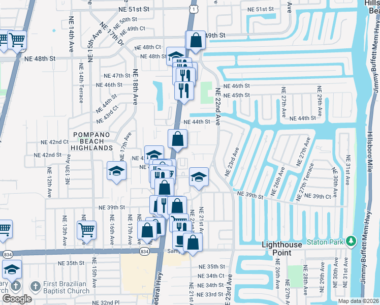map of restaurants, bars, coffee shops, grocery stores, and more near 4210 Florida 5 in Lighthouse Point