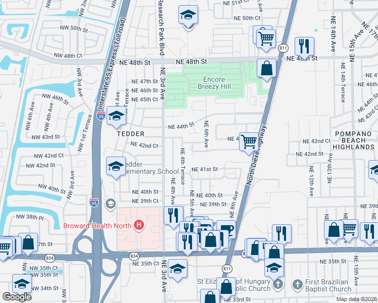 map of restaurants, bars, coffee shops, grocery stores, and more near 4221 Northeast 4th Terrace in Pompano Beach