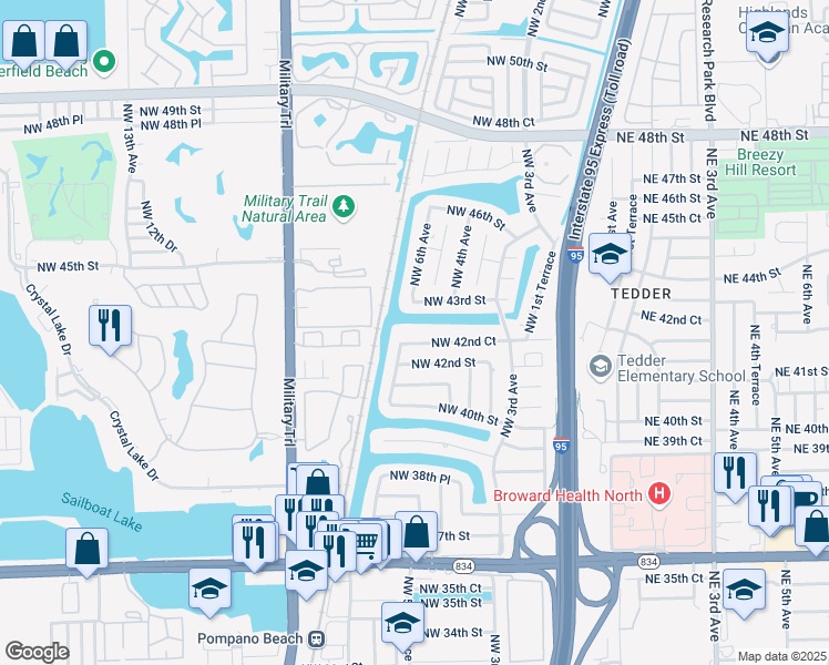 map of restaurants, bars, coffee shops, grocery stores, and more near 651 Northwest 42nd Court in Pompano Beach