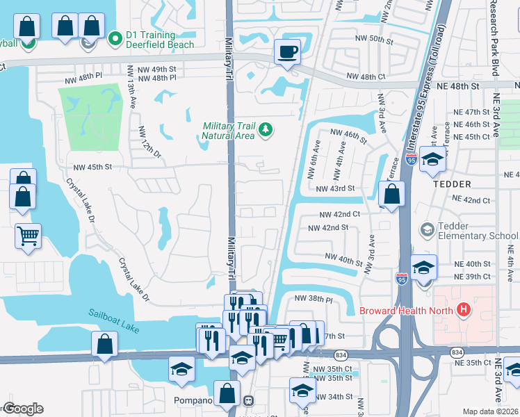 map of restaurants, bars, coffee shops, grocery stores, and more near 823 Northwest 42 Place in Pompano Beach