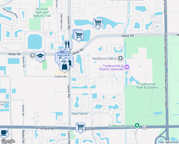 map of restaurants, bars, coffee shops, grocery stores, and more near 4308 Northwest 41st Lane in Coconut Creek