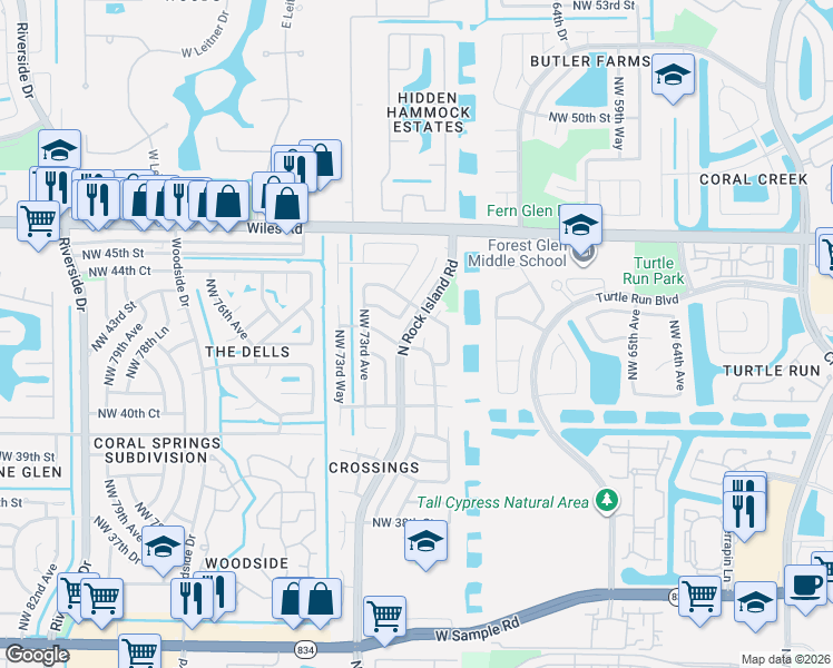 map of restaurants, bars, coffee shops, grocery stores, and more near 7014 Northwest 43rd Street in Coral Springs