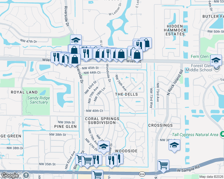 map of restaurants, bars, coffee shops, grocery stores, and more near 4113 Northwest 78th Avenue in Coral Springs