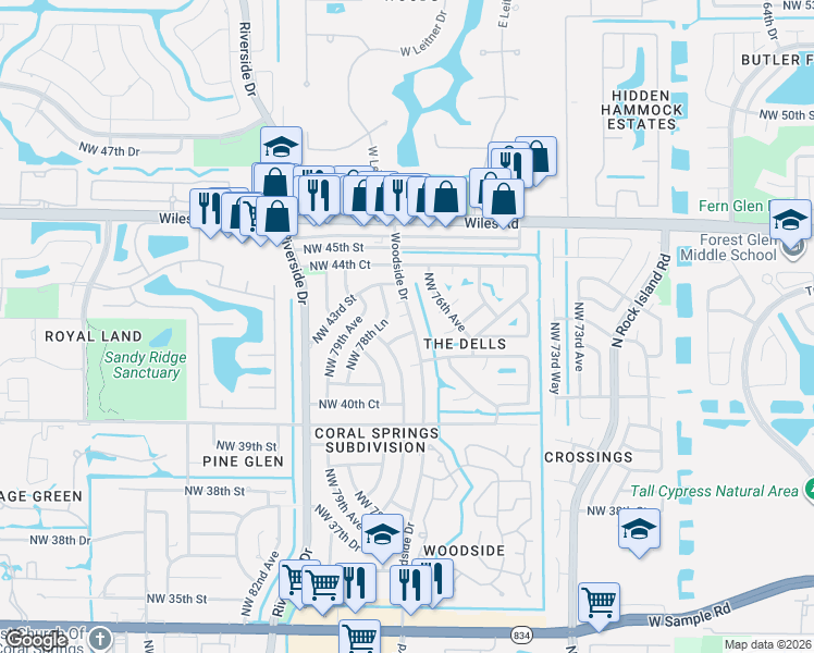 map of restaurants, bars, coffee shops, grocery stores, and more near 4113 Northwest 78th Avenue in Coral Springs