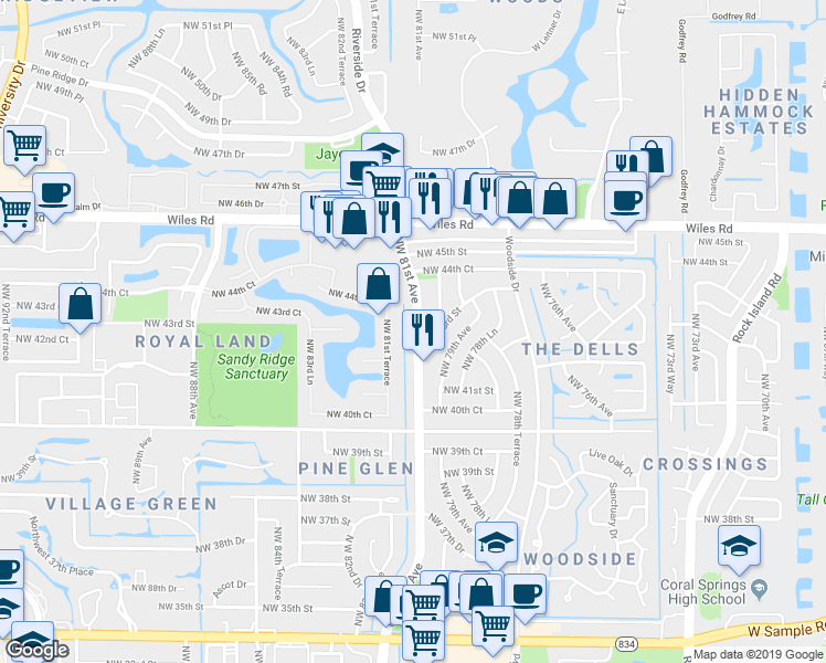 map of restaurants, bars, coffee shops, grocery stores, and more near 4241 Riverside Drive in Coral Springs