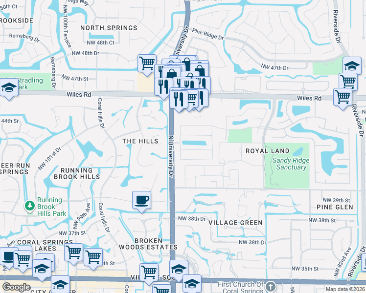 map of restaurants, bars, coffee shops, grocery stores, and more near 4511 North University Drive in Coral Springs