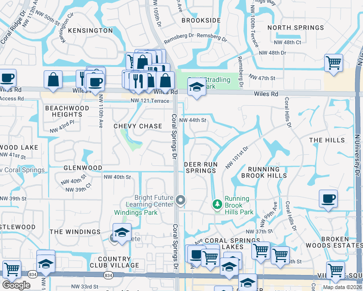 map of restaurants, bars, coffee shops, grocery stores, and more near 4252 Coral Springs Drive in Coral Springs