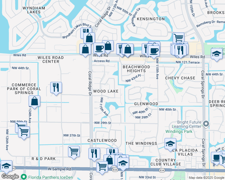 map of restaurants, bars, coffee shops, grocery stores, and more near 11460 Northwest 43rd Street in Coral Springs