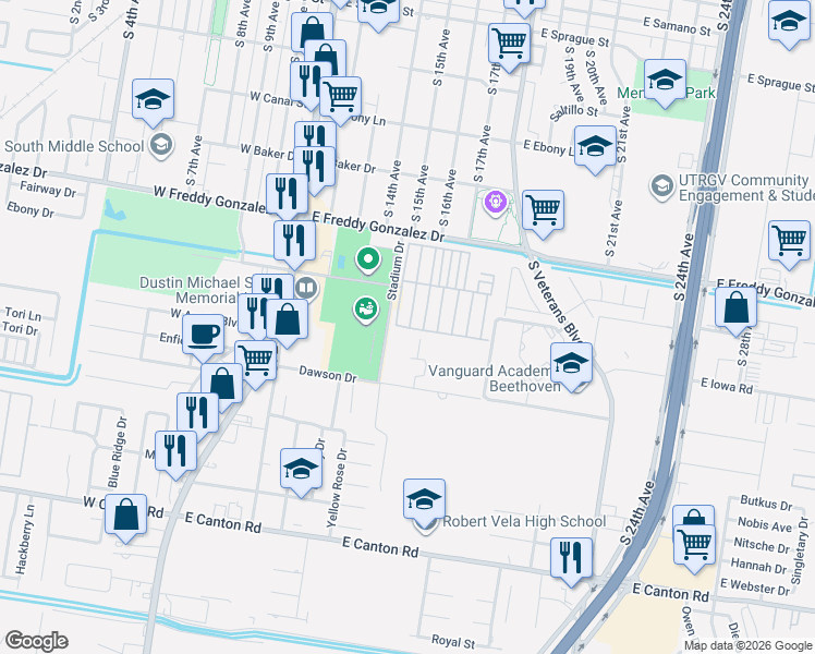 map of restaurants, bars, coffee shops, grocery stores, and more near 502 East Tangelo Street in Edinburg