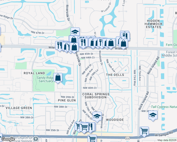 map of restaurants, bars, coffee shops, grocery stores, and more near 4126 Northwest 79th Avenue in Coral Springs