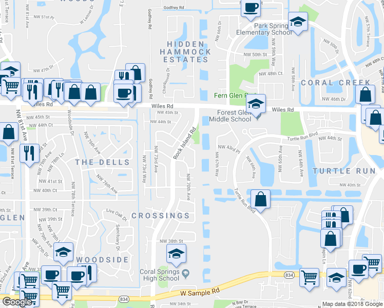 map of restaurants, bars, coffee shops, grocery stores, and more near 4118 Northwest 69th Terrace in Coral Springs
