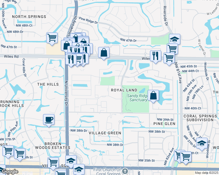 map of restaurants, bars, coffee shops, grocery stores, and more near 4134 Northwest 43rd Street in Coral Springs