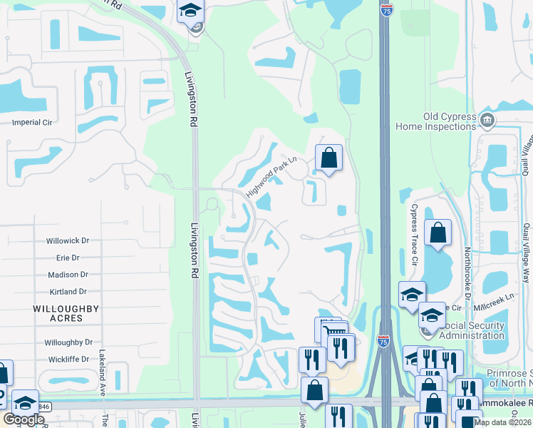 map of restaurants, bars, coffee shops, grocery stores, and more near 5848 Northridge Drive in Naples