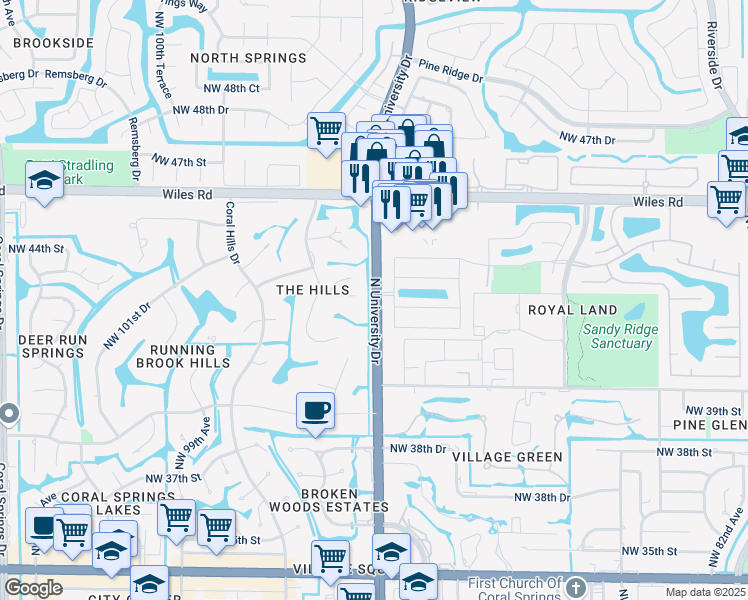 map of restaurants, bars, coffee shops, grocery stores, and more near 4511 North University Drive in Coral Springs