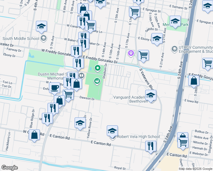 map of restaurants, bars, coffee shops, grocery stores, and more near 502 East Tangelo Street in Edinburg