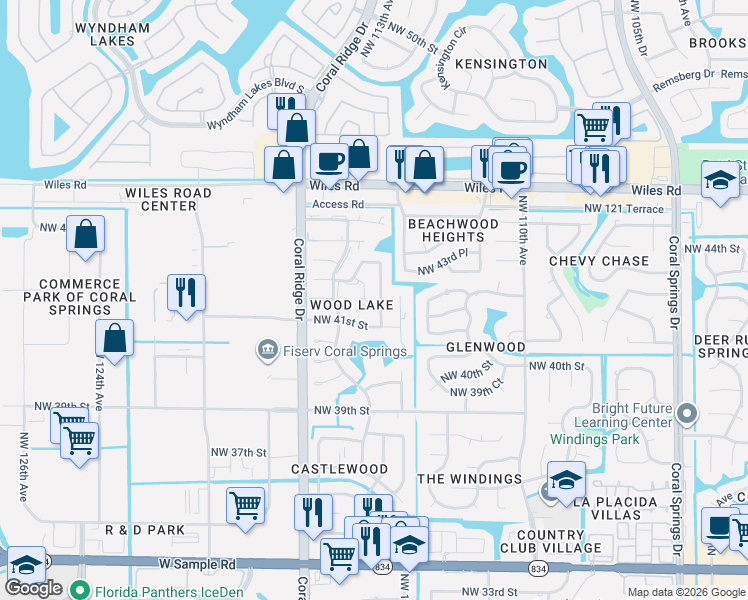 map of restaurants, bars, coffee shops, grocery stores, and more near 11460 Northwest 43rd Street in Coral Springs
