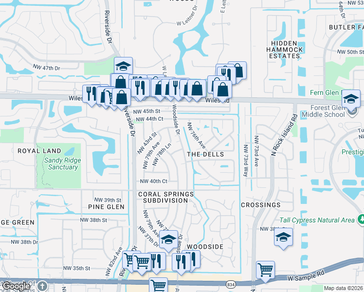 map of restaurants, bars, coffee shops, grocery stores, and more near 4113 Northwest 78th Avenue in Coral Springs