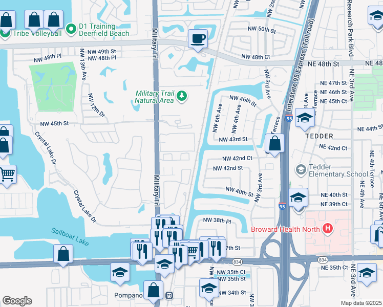 map of restaurants, bars, coffee shops, grocery stores, and more near 723 Northwest 42nd Place in Pompano Beach