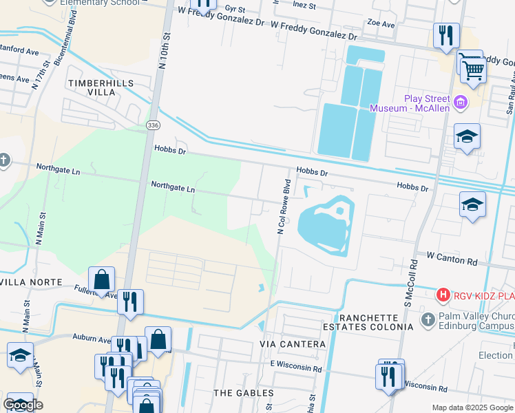 map of restaurants, bars, coffee shops, grocery stores, and more near 307 Northgate Lane in McAllen