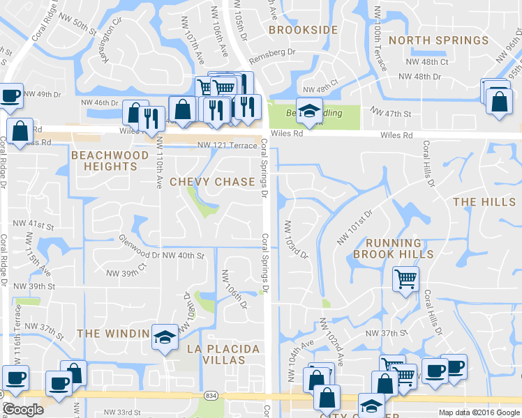 map of restaurants, bars, coffee shops, grocery stores, and more near 4270 Coral Springs Drive in Coral Springs