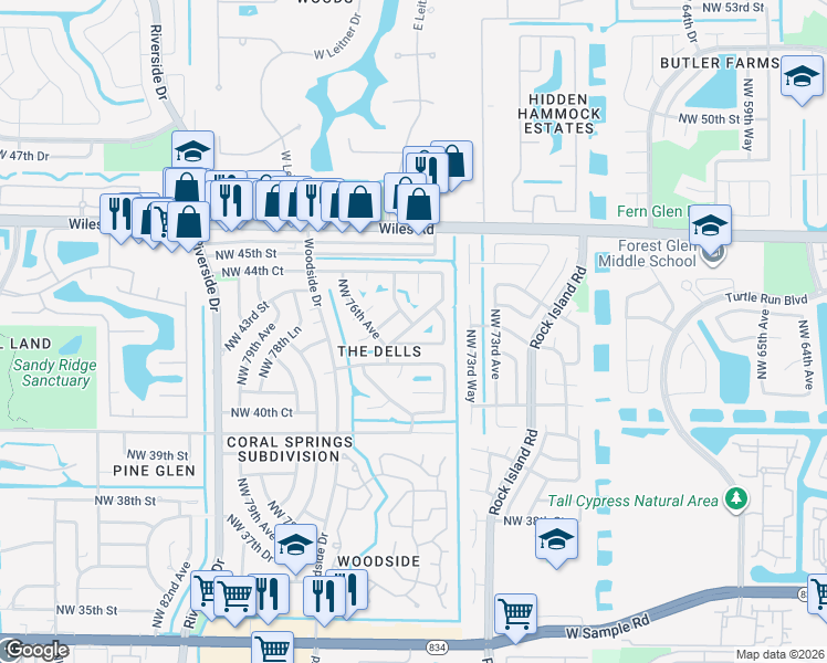 map of restaurants, bars, coffee shops, grocery stores, and more near 7515 Northwest 42nd Drive in Coral Springs