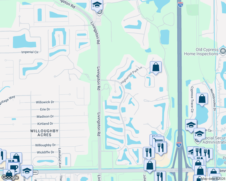 map of restaurants, bars, coffee shops, grocery stores, and more near 15694 Livingston Road in Naples