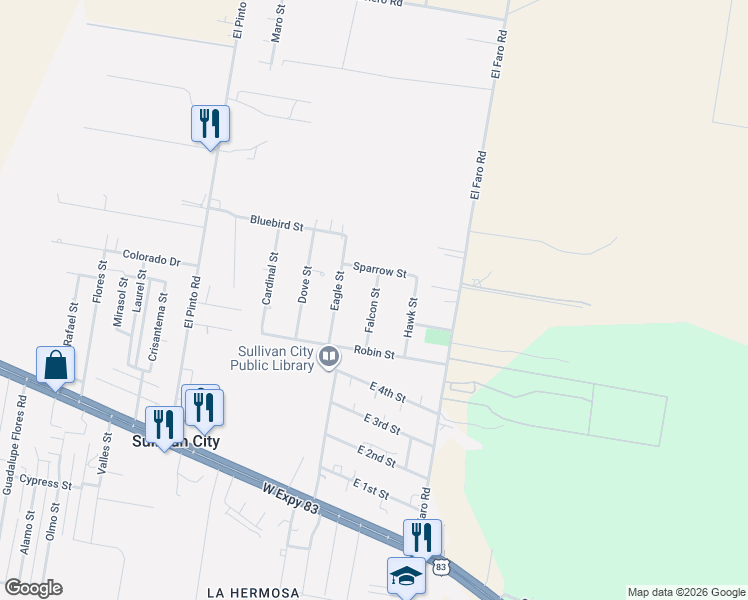 map of restaurants, bars, coffee shops, grocery stores, and more near 418 Falcon Street in Sullivan City