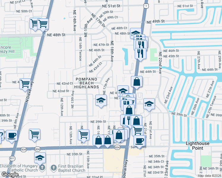 map of restaurants, bars, coffee shops, grocery stores, and more near 1720 Northeast 42nd Court in Pompano Beach