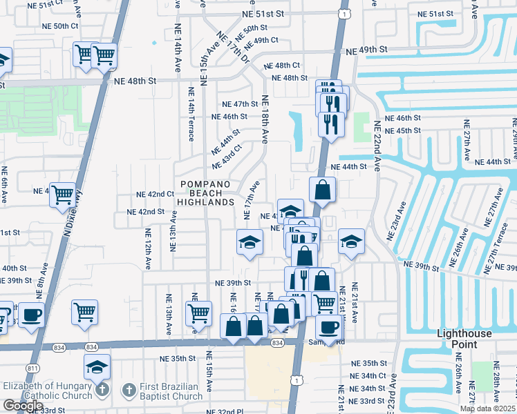 map of restaurants, bars, coffee shops, grocery stores, and more near 1720 Northeast 42nd Court in Pompano Beach