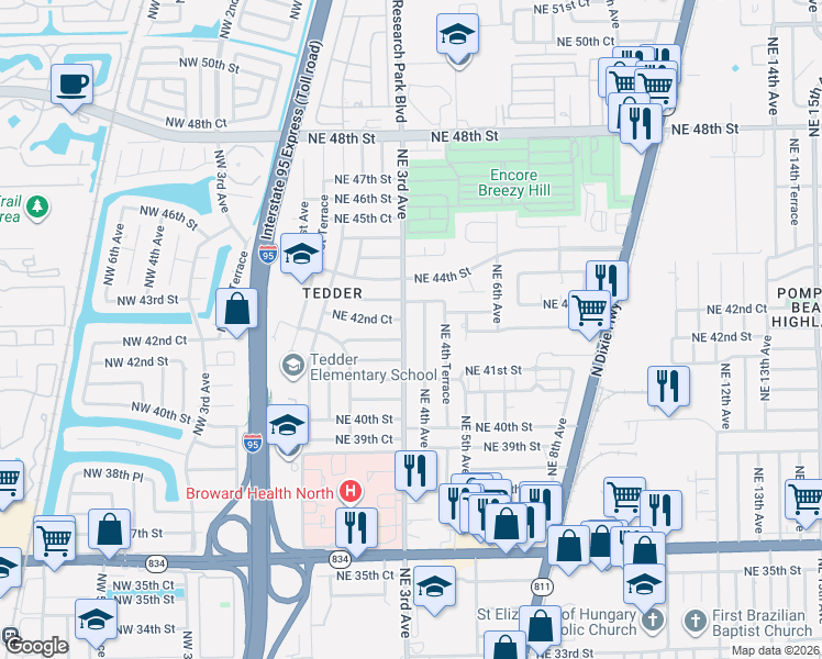 map of restaurants, bars, coffee shops, grocery stores, and more near 284 Northeast 42nd Court in Pompano Beach