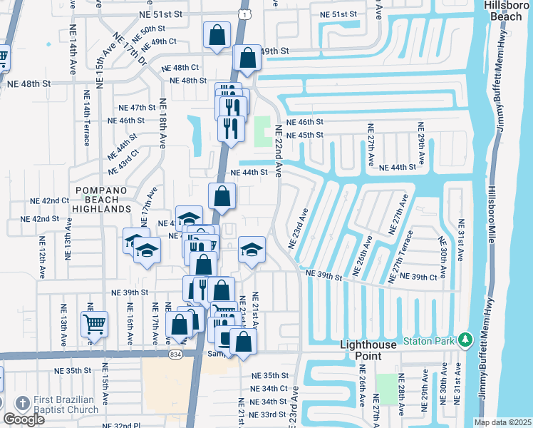 map of restaurants, bars, coffee shops, grocery stores, and more near 2141 Northeast 42nd Street in Lighthouse Point