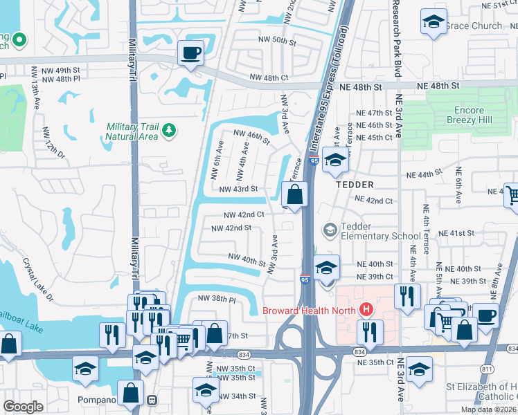 map of restaurants, bars, coffee shops, grocery stores, and more near 351 Northwest 42nd Court in Pompano Beach