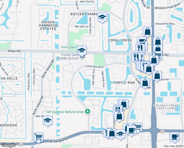 map of restaurants, bars, coffee shops, grocery stores, and more near 4306 Northwest 65th Avenue in Coral Springs