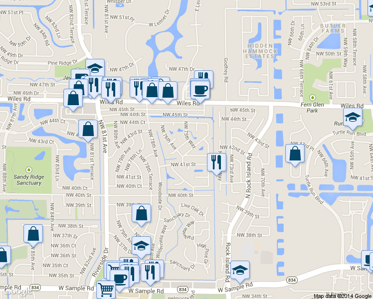 map of restaurants, bars, coffee shops, grocery stores, and more near 7515 Northwest 42nd Drive in Coral Springs