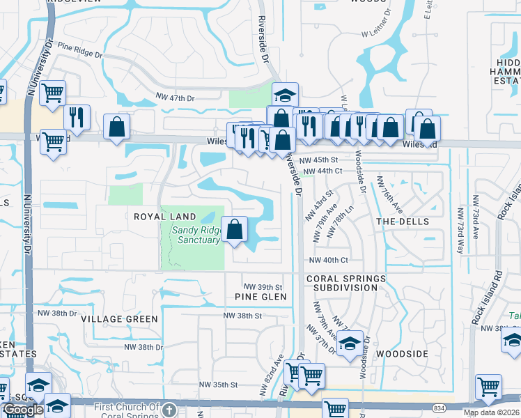 map of restaurants, bars, coffee shops, grocery stores, and more near 8307 Northwest 43rd Street in Coral Springs